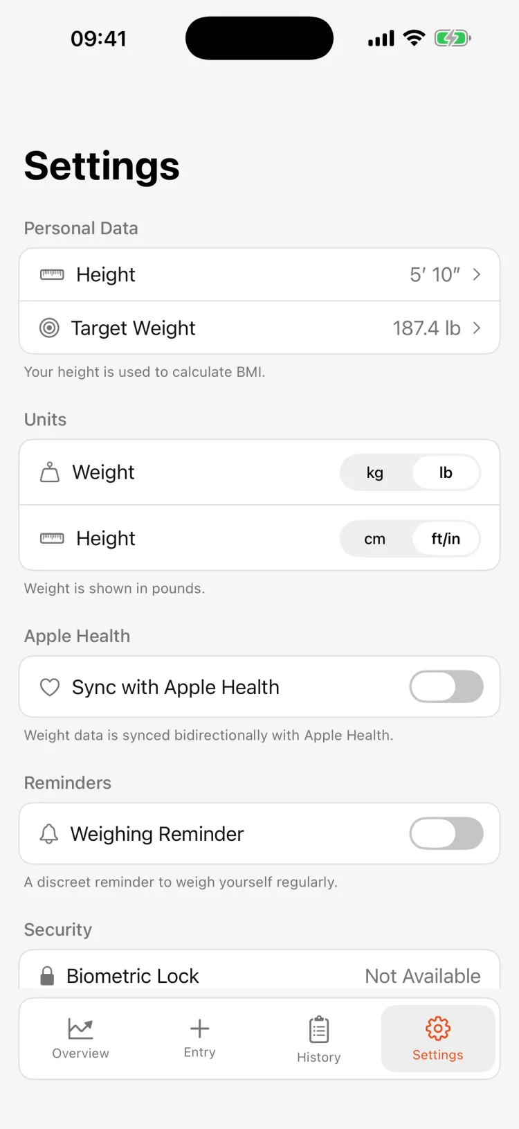 Settings with units and privacy