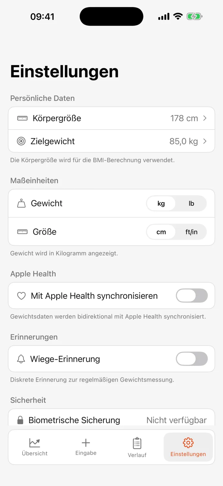 Einstellungen mit Einheiten und Datenschutz